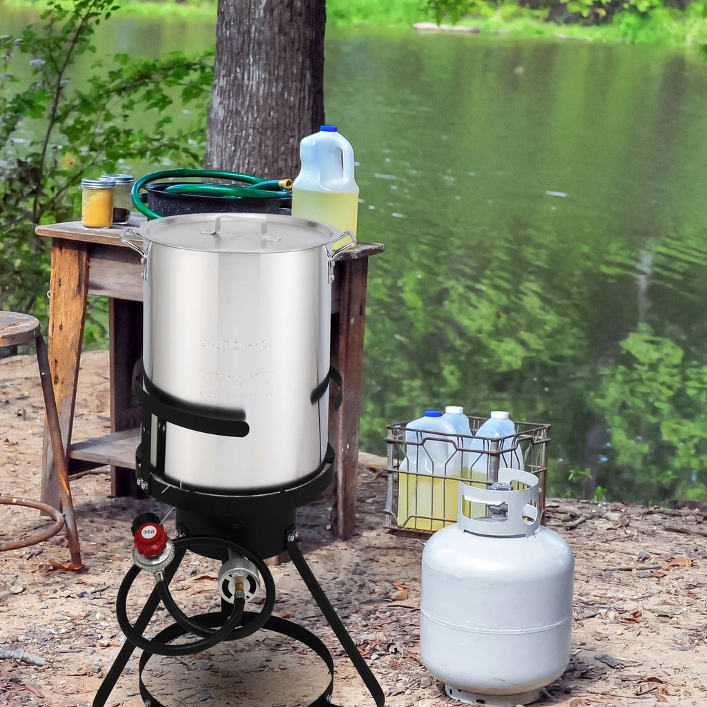 Black Round Iron Stove Frame, Silver Aluminum 30qt Turkey Pot 10qt Fish Pot Y4779