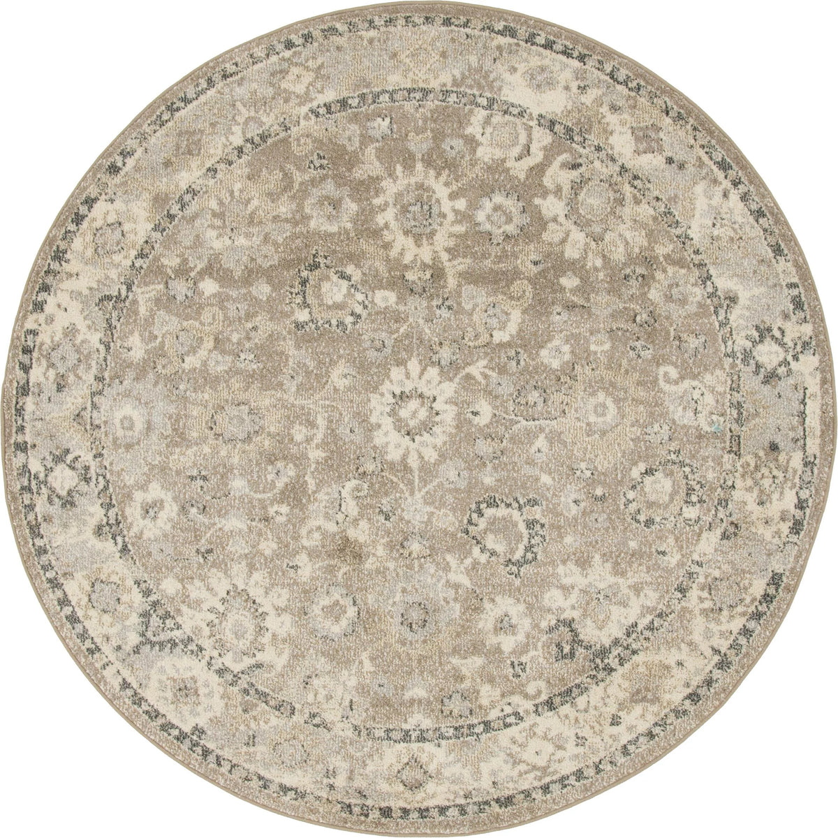 Beige Brown Gray Round Floral Rug W27012