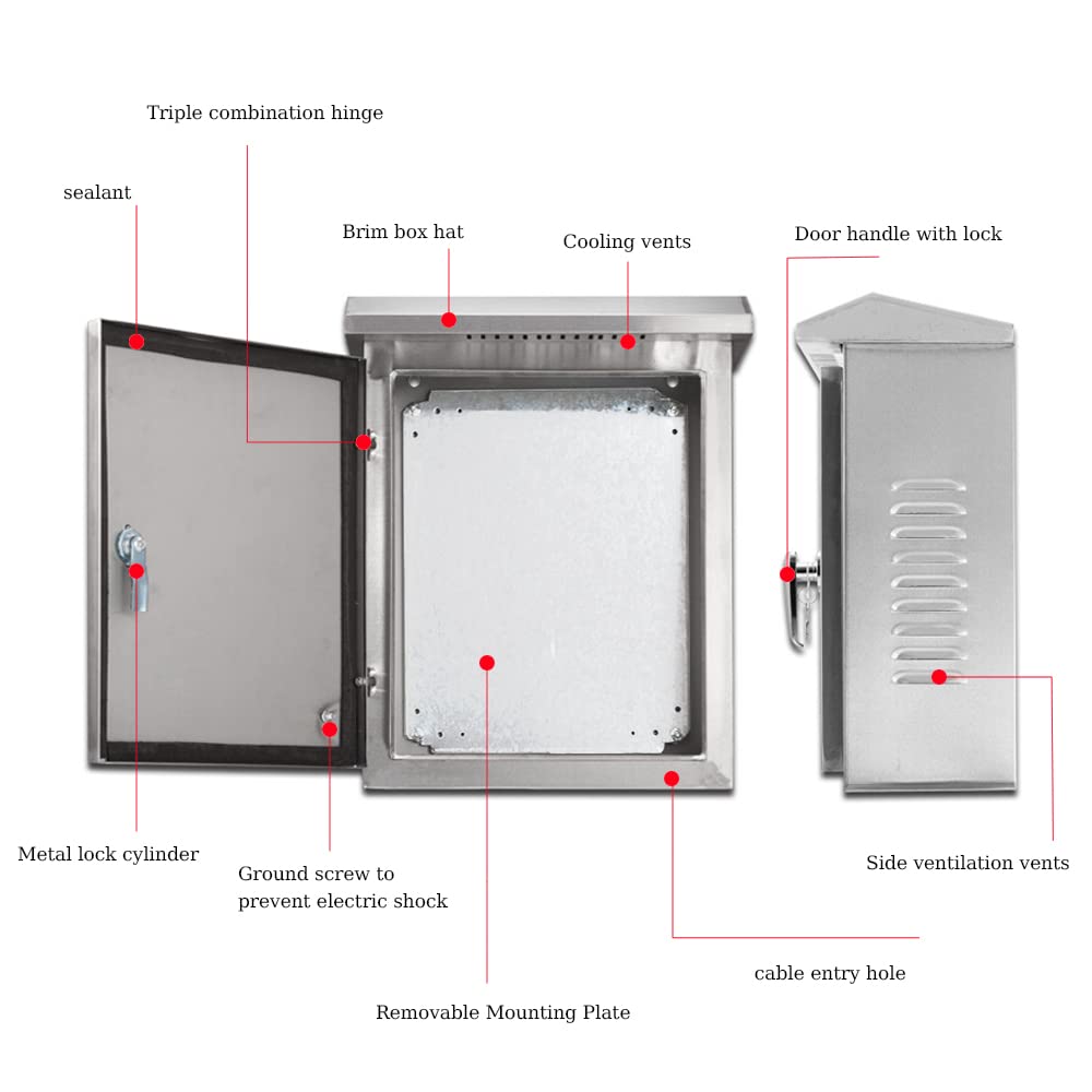 304 Stainless Steel Electrical Box 20'' x 16'' x 8'' IP65 Weatherproof Enclosure with Mounting Plate W11347