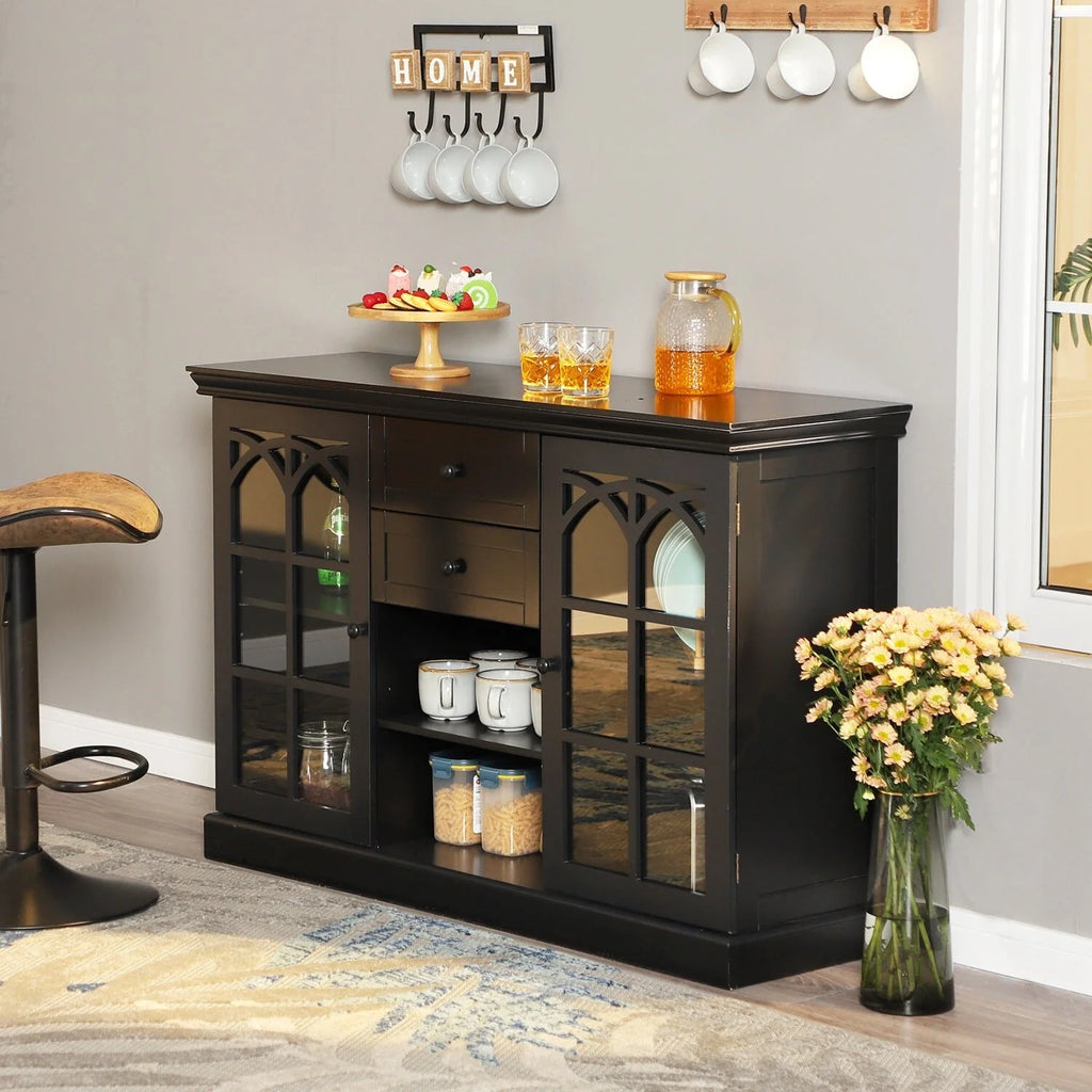 Black Tempering Glass Door Buffet Sideboard Cabinet with 2-Door & 2-Drawer Q818