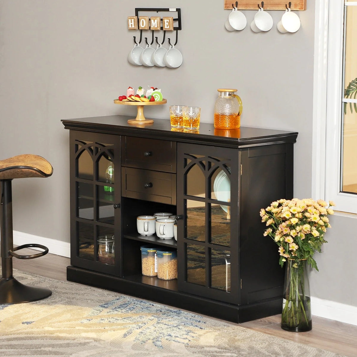 Black Tempering Glass Door Buffet Sideboard Cabinet with 2-Door & 2-Drawer Q818