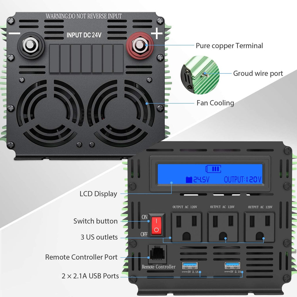 2000W 24V Power Inverter DC 24V to 110V AC with LCD and Remote Controller Dual USB Ports X503104