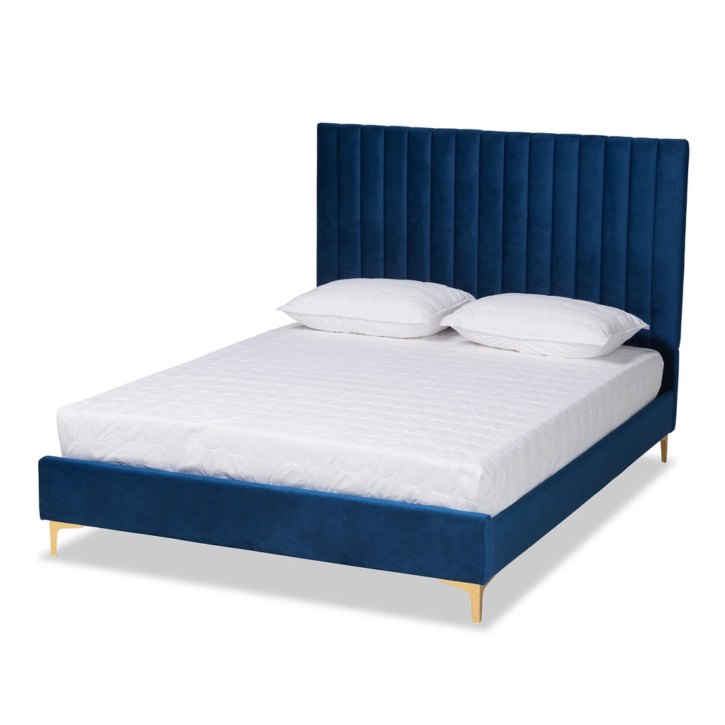 Navy Blue Velvet Queen Size Platform Bed I7894