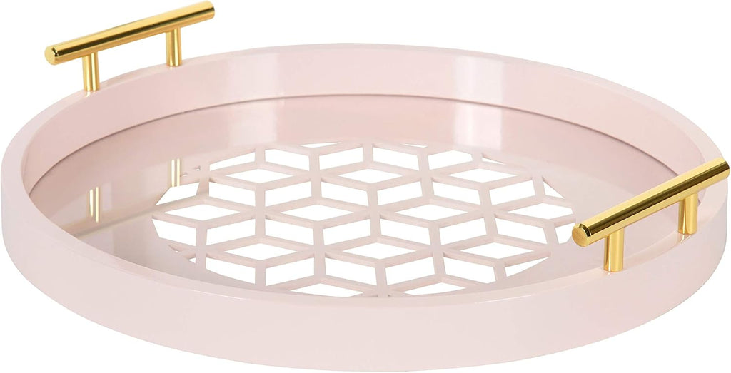 Pink Pack of 2 Decorative Round Tray with Gold Metal Handles E5664