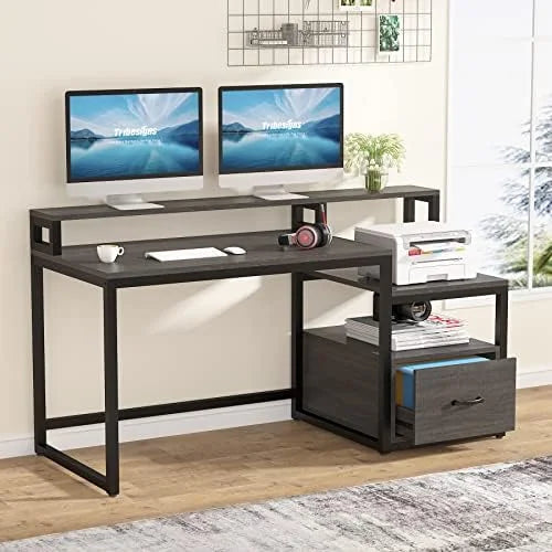 60 inch Grey Computer Desk with File Drawer and Shelves W288