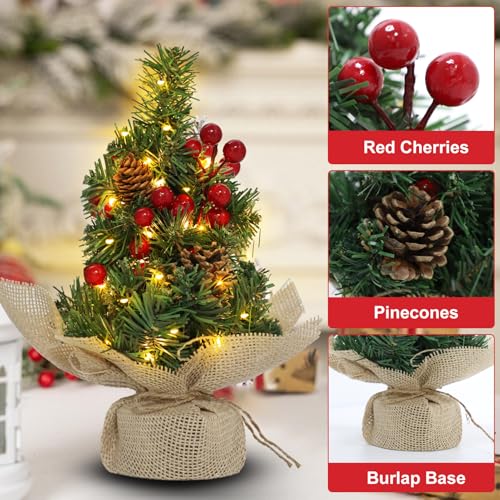 12 Inch Mini Tabletop Artificial Christmas Tree with Timer Lights Pinecones Red Berries R674