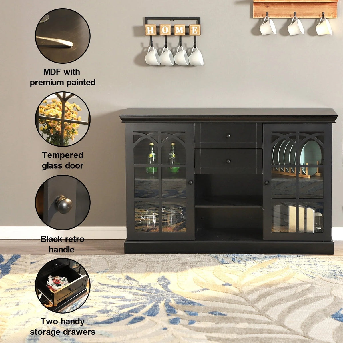 Black Tempering Glass Door Buffet Sideboard Cabinet with 2-Door & 2-Drawer Q818