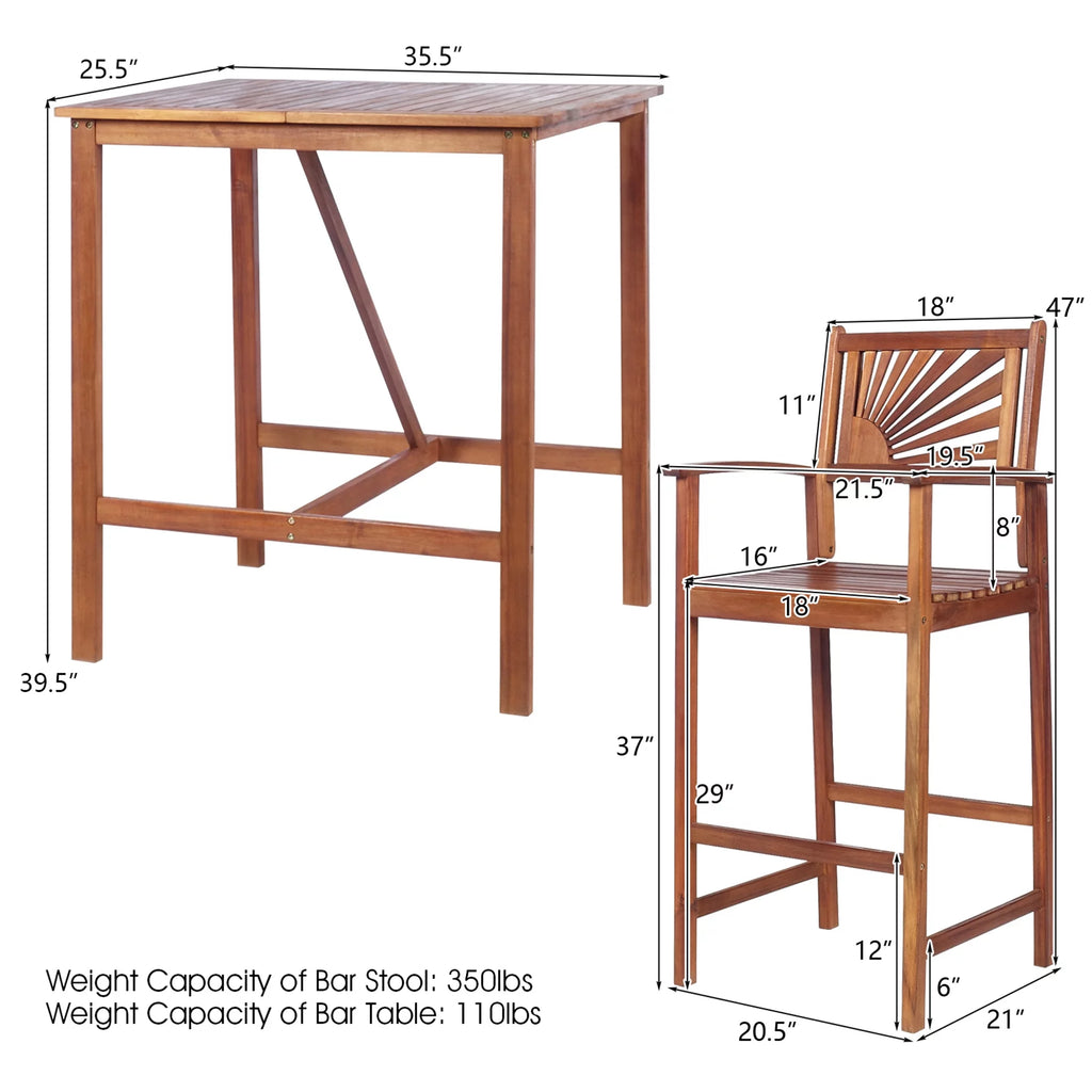 3PCS Acacia Wood Patio Bar Table & Stool Set N739568