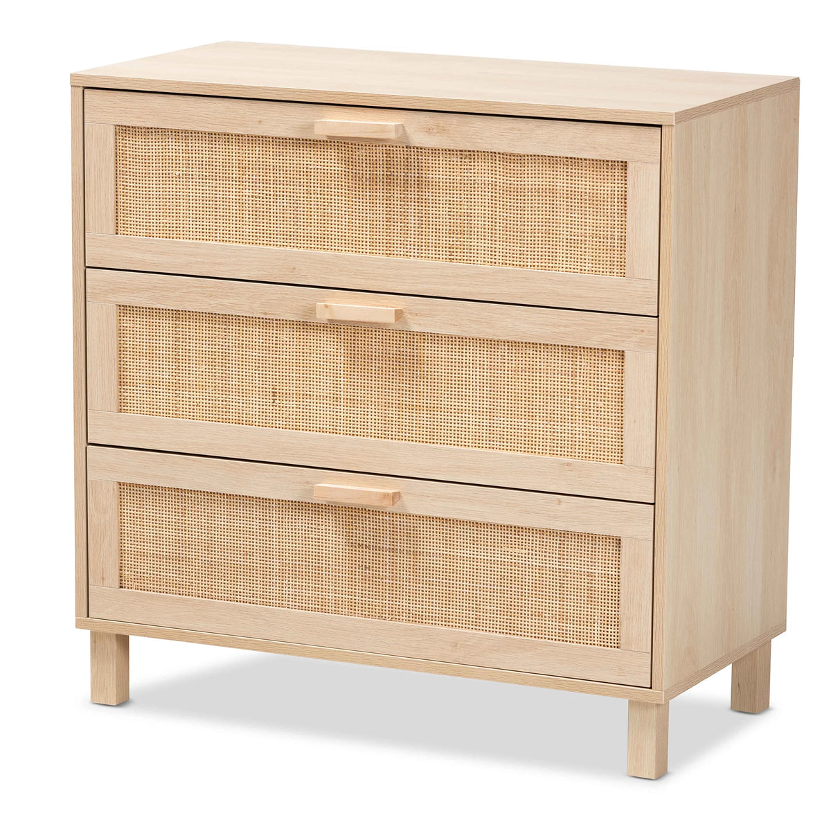 Light Brown Wood 3 Drawer Storage Cabinet with Rattan U125