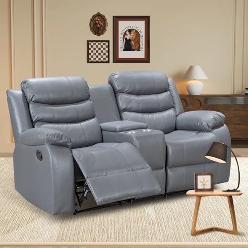 Grey Manual Double Recliner Sofa with Cup Holder F5055