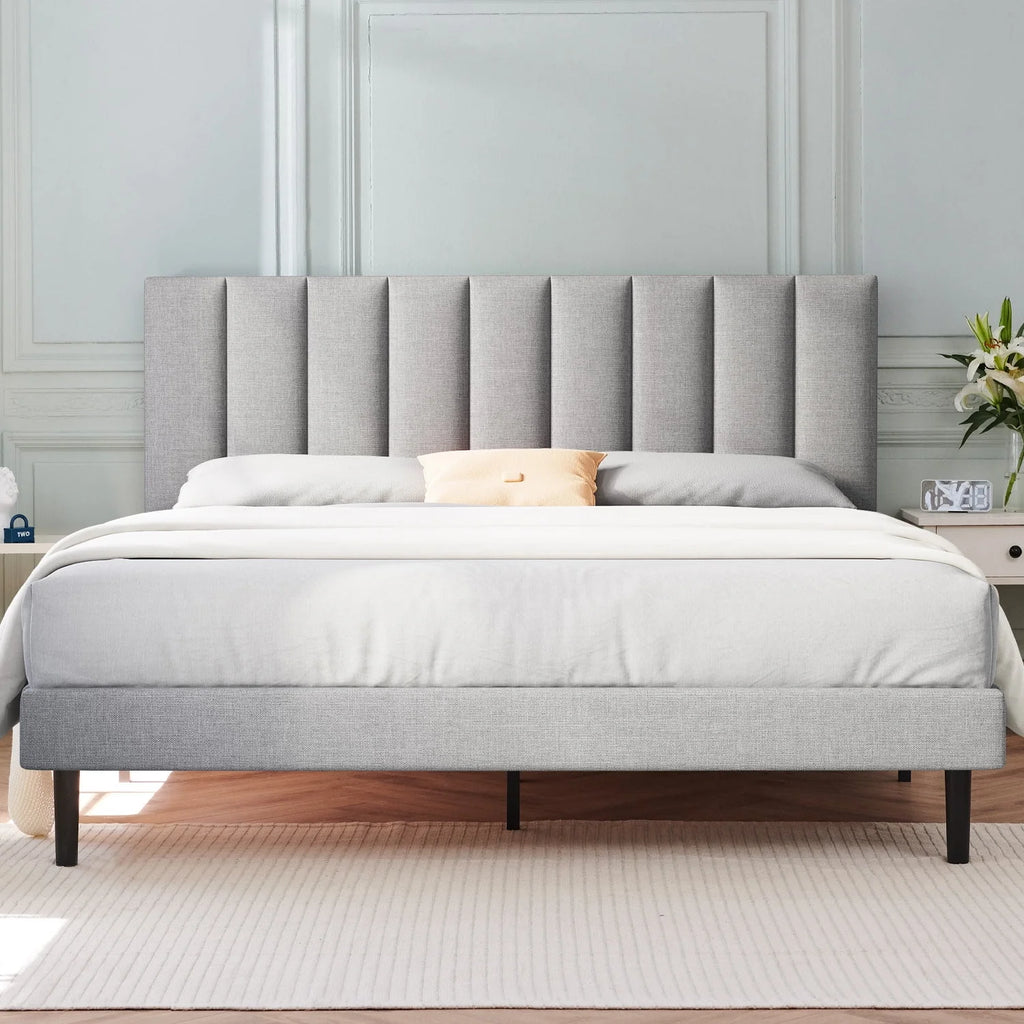Full Platform Bed Frame with Upholstered Headboard, Beige P3595
