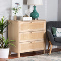 Light Brown Wood 3 Drawer Storage Cabinet with Rattan U125