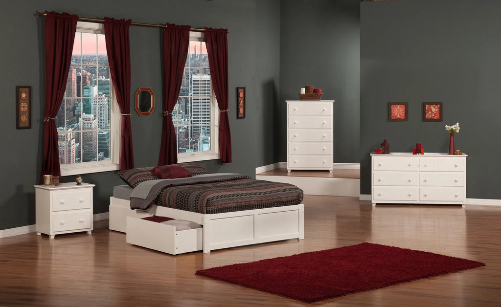White Solid Wood Platform Bed with Footboard and 2 Storage Drawers K91415
