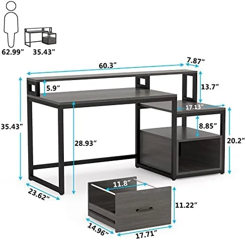 60 inch Grey Computer Desk with File Drawer and Shelves W288