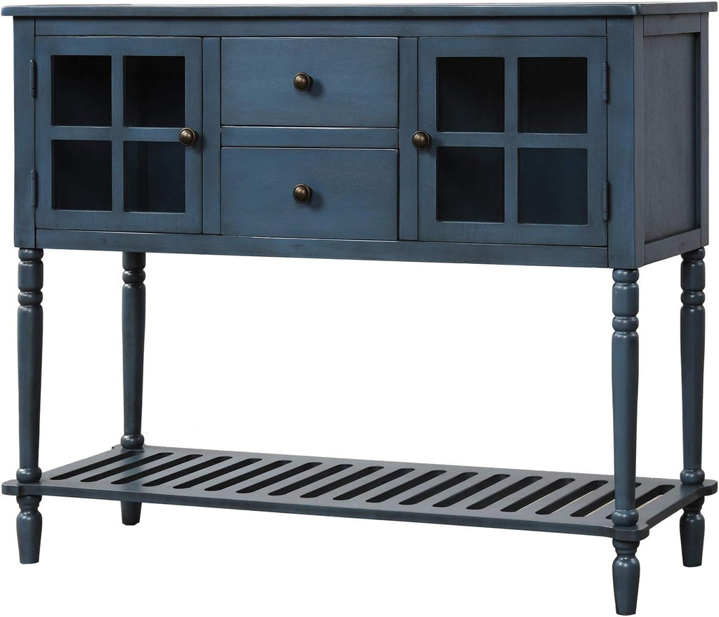 Antique Grey Console Table with 2 Storage Drawers and 2 Glass Door Cabinets Y244