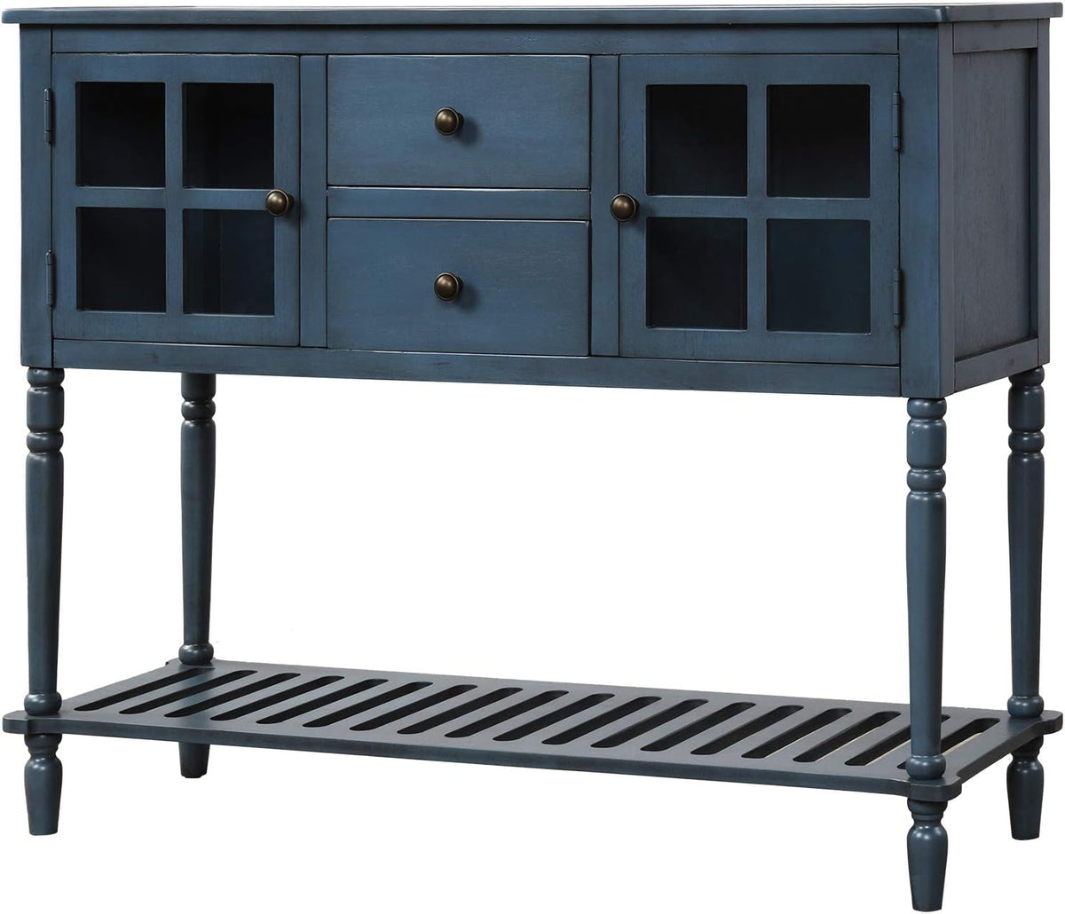 Antique Grey Console Table with 2 Storage Drawers and 2 Glass Door Cabinets Y244