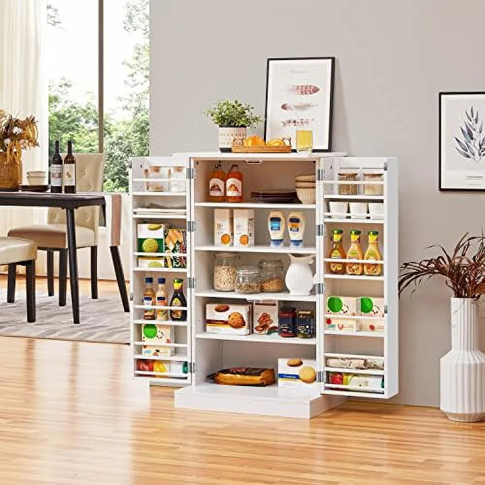 White Wood Pantry Cabinet with Doors and Adjustable Shelves Q3166
