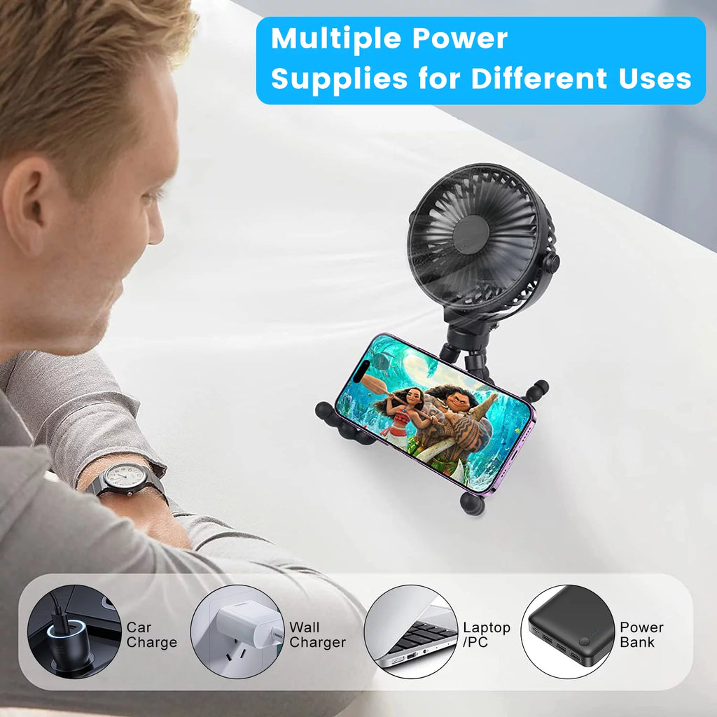 Portable Battery Operated Clip on Fan with Flexible Tripod White M3622