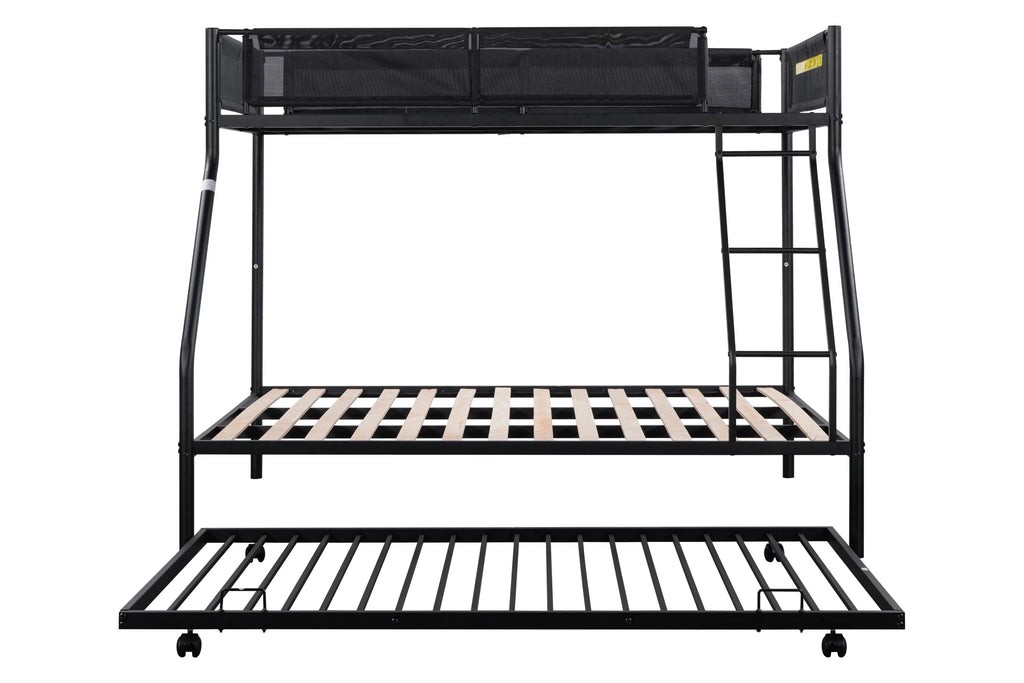 Twin over Full Size Metal Bunk Bed with Trundle and Textilene Guardrail H729433