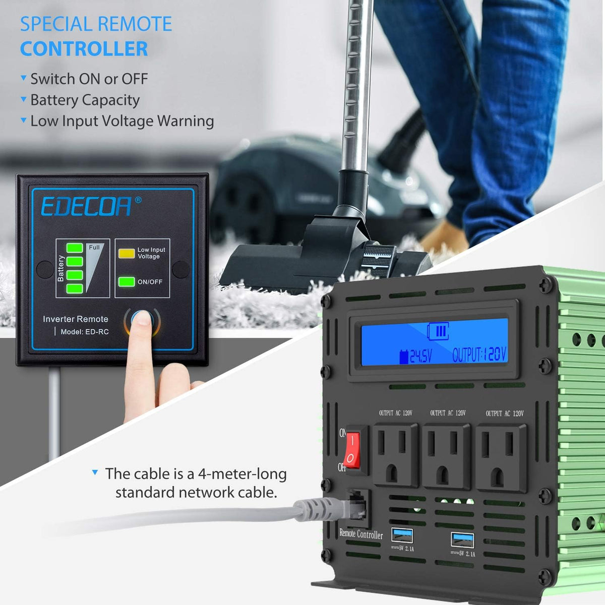 2000W 24V Power Inverter DC 24V to 110V AC with LCD and Remote Controller Dual USB Ports X503104