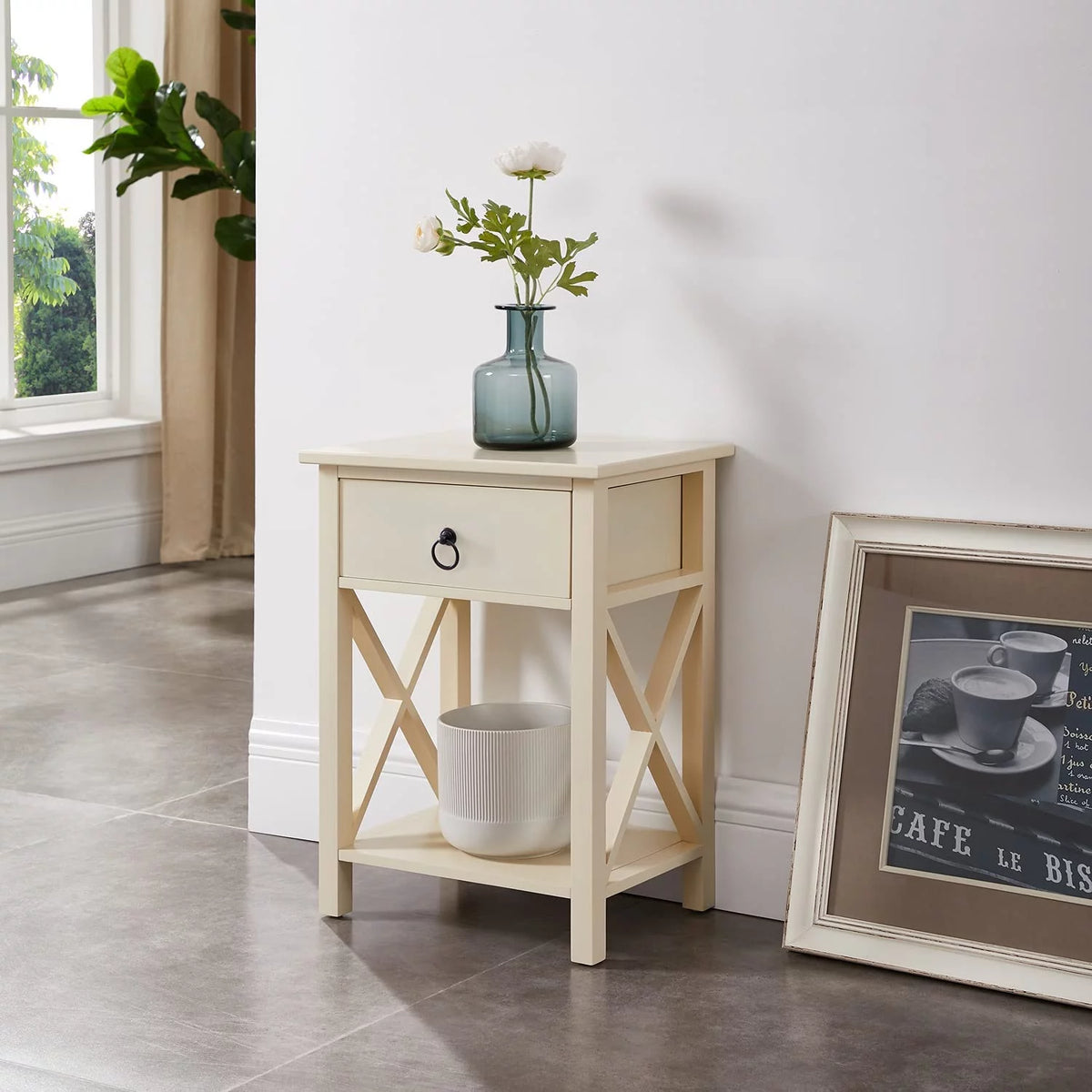 Cream Wood Nightstand with Storage Shelf and Drawer, Set of 2 B5820