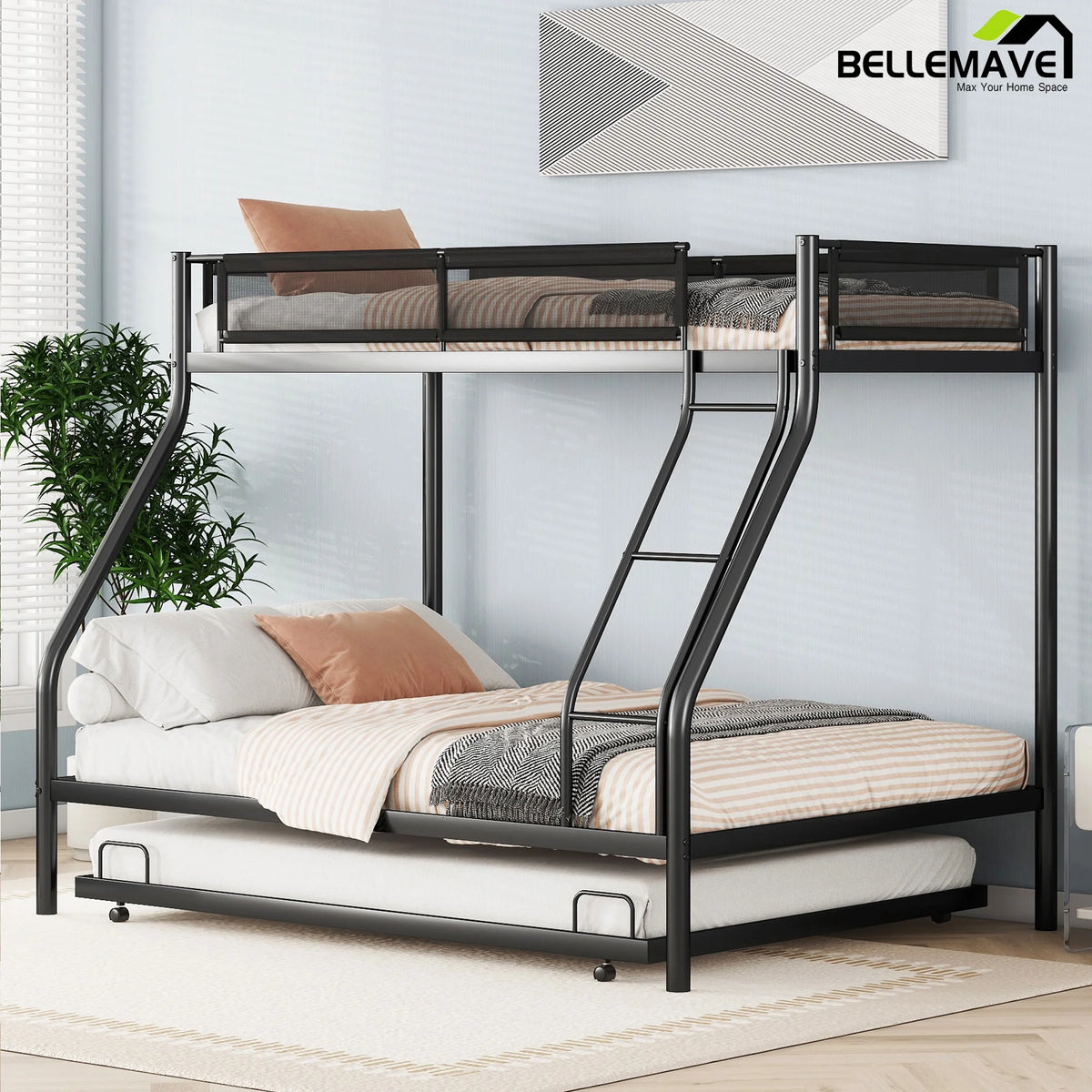 Twin over Full Size Metal Bunk Bed with Trundle and Textilene Guardrail H729433
