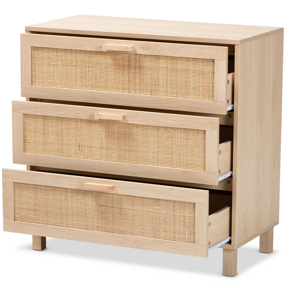 Light Brown Wood 3 Drawer Storage Cabinet with Rattan U125