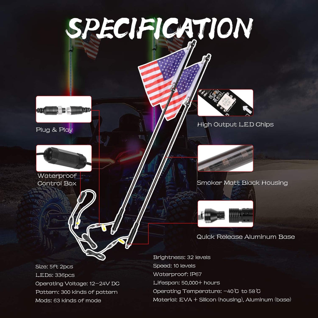 2PCS 5FT LED Whip Lights with RF Remote for ATV UTV U261