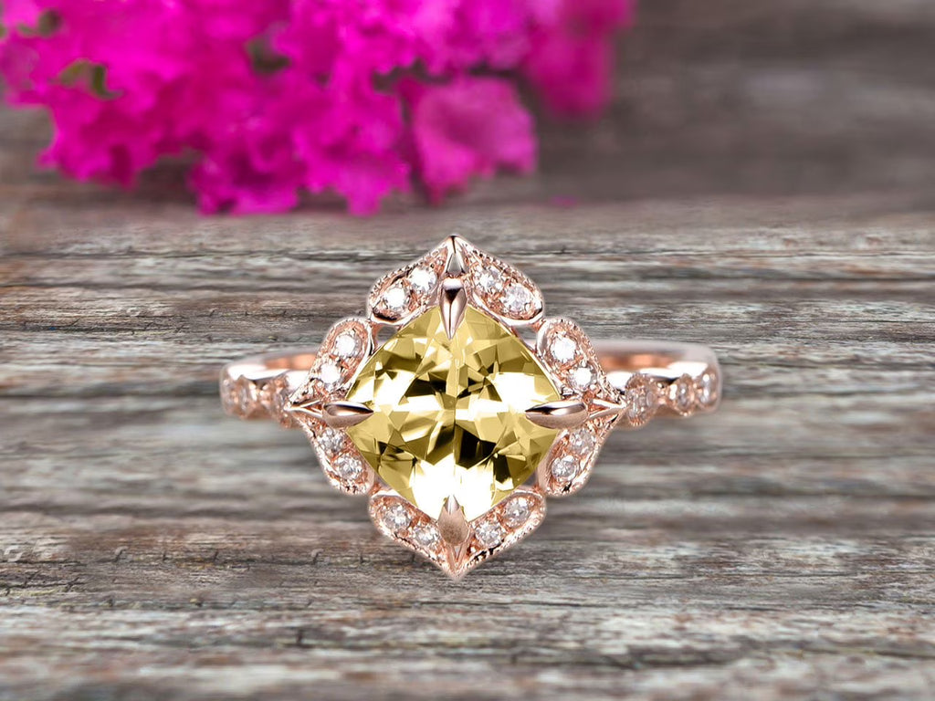7mm Cushion Cut Champagne Diamond Moissanite Engagement Ring 2.05 Carat 10k Rose Gold K9376