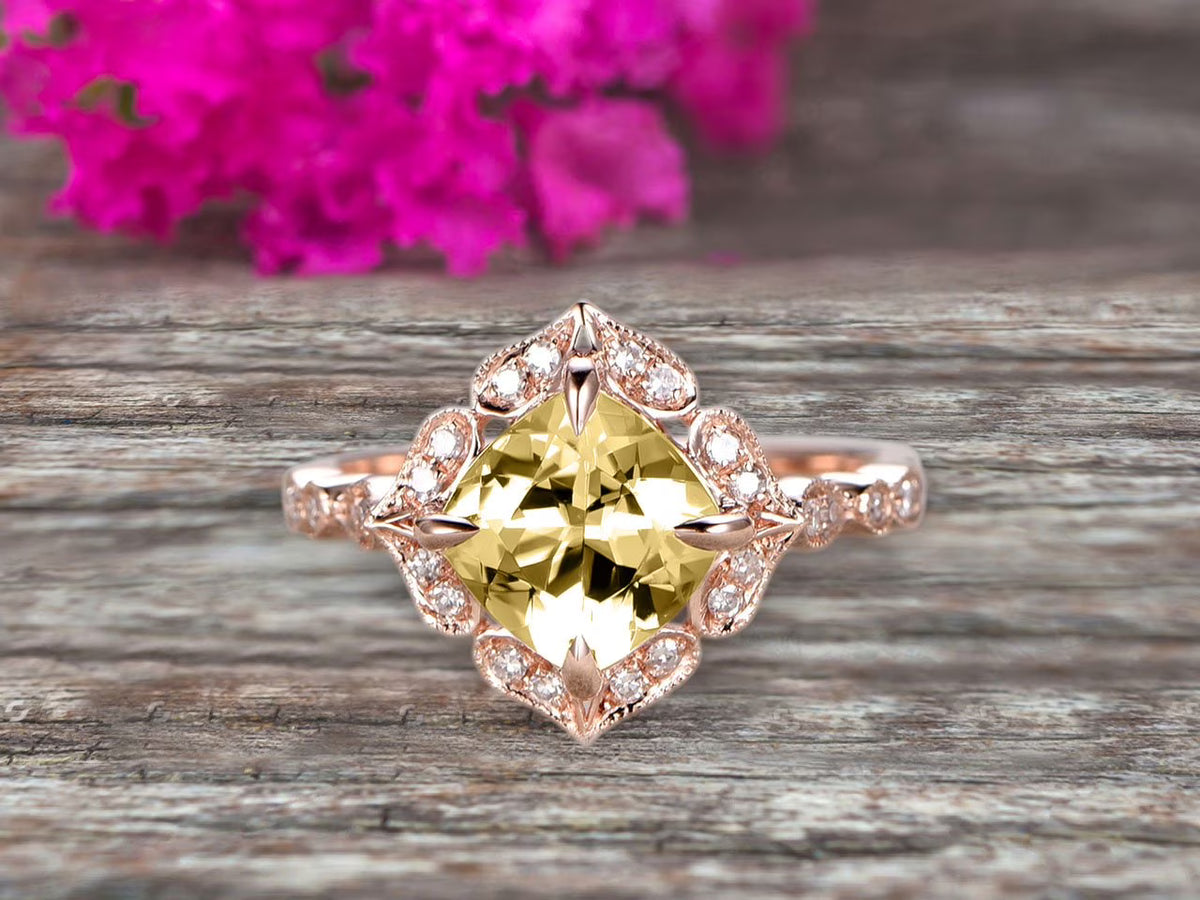 7mm Cushion Cut Champagne Diamond Moissanite Engagement Ring 2.05 Carat 10k Rose Gold K9376