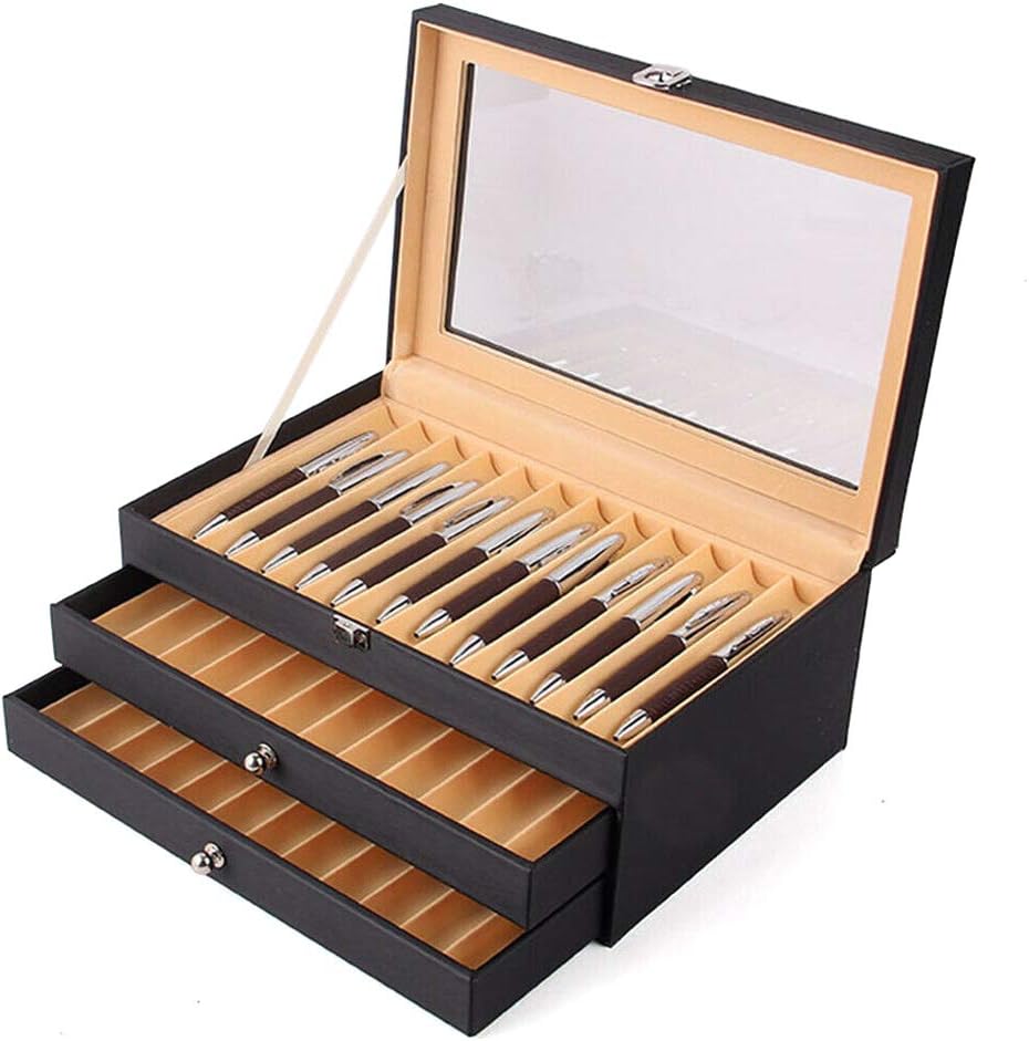 Black Leather Flannel 36 Piece Pen Display Box with Lid W820680