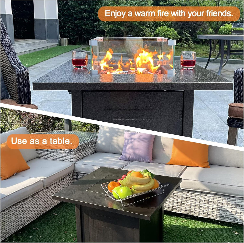 50000BTU Metal Propane Fire Pit Table with Glass Wind Guard and Lava Stone R614050