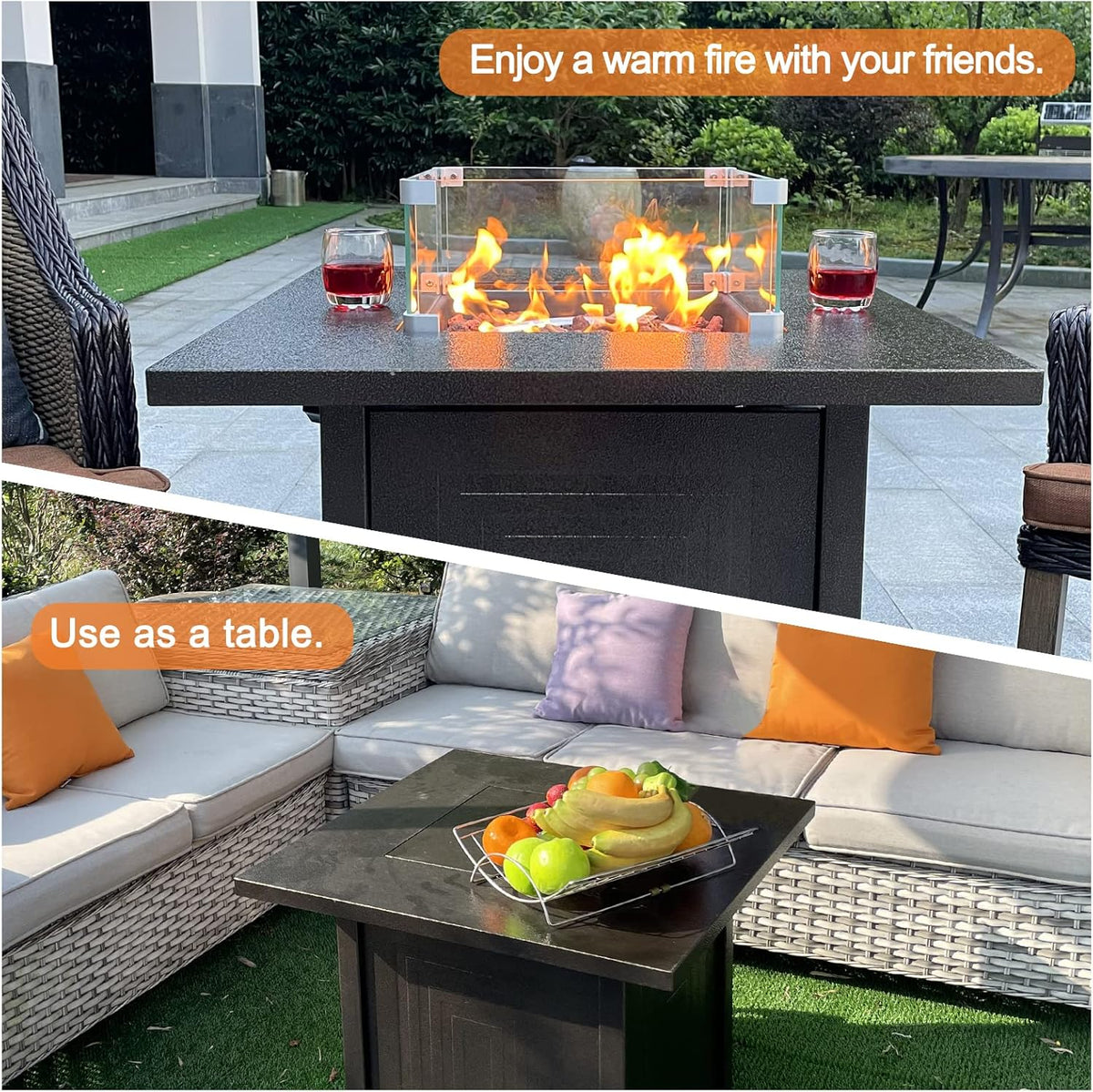 50000BTU Metal Propane Fire Pit Table with Glass Wind Guard and Lava Stone R614050