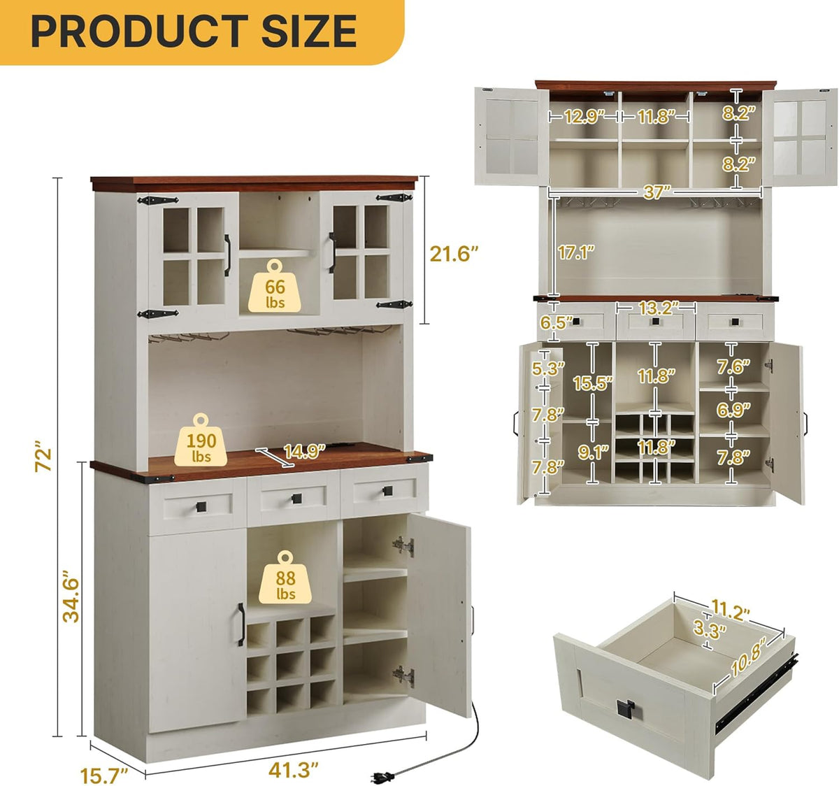 Antique White 72 Inch Kitchen Pantry Cabinet with 3 Drawers M788
