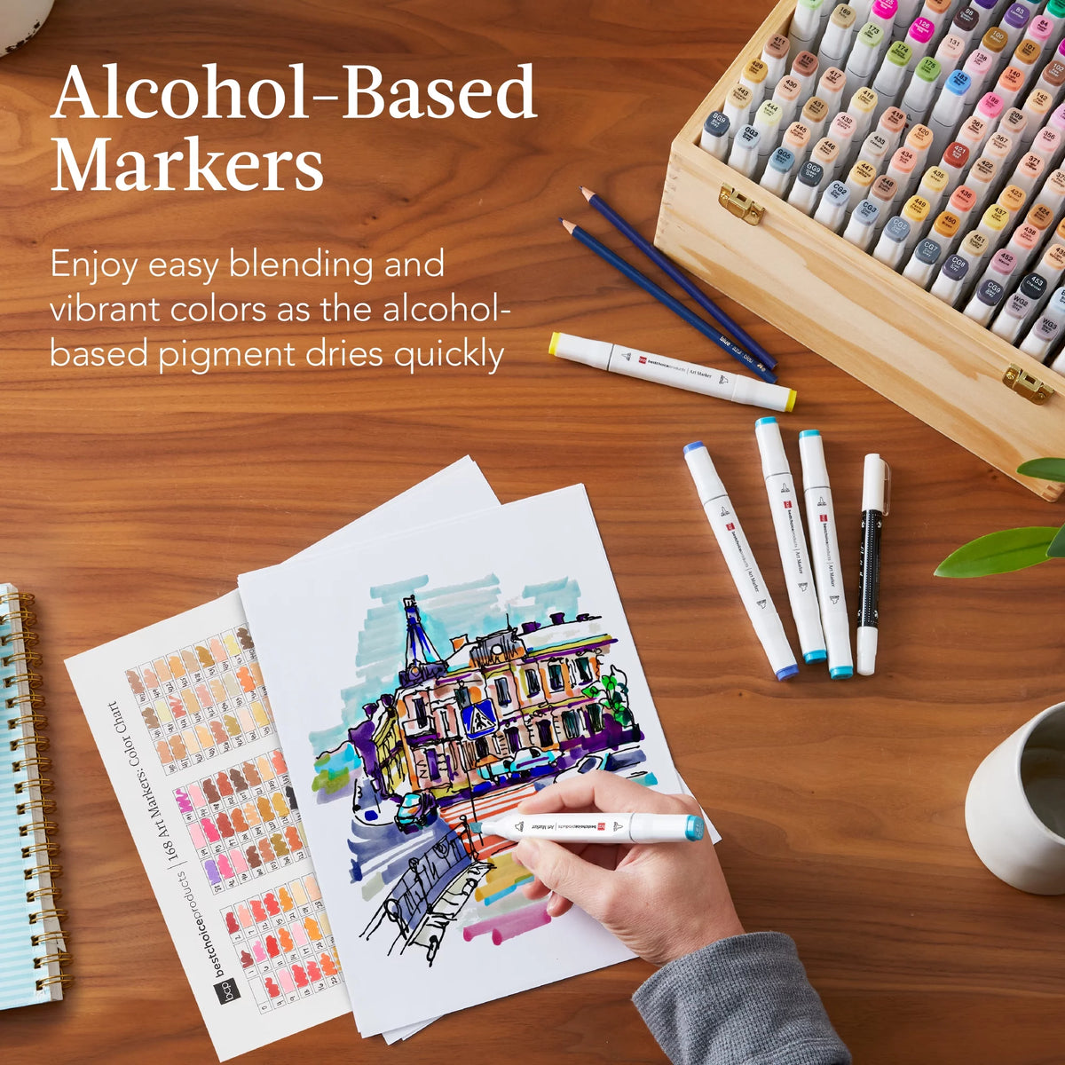 Set of 168 Dual-Tipped Alcohol-Based Markers with Carrying Case Y498