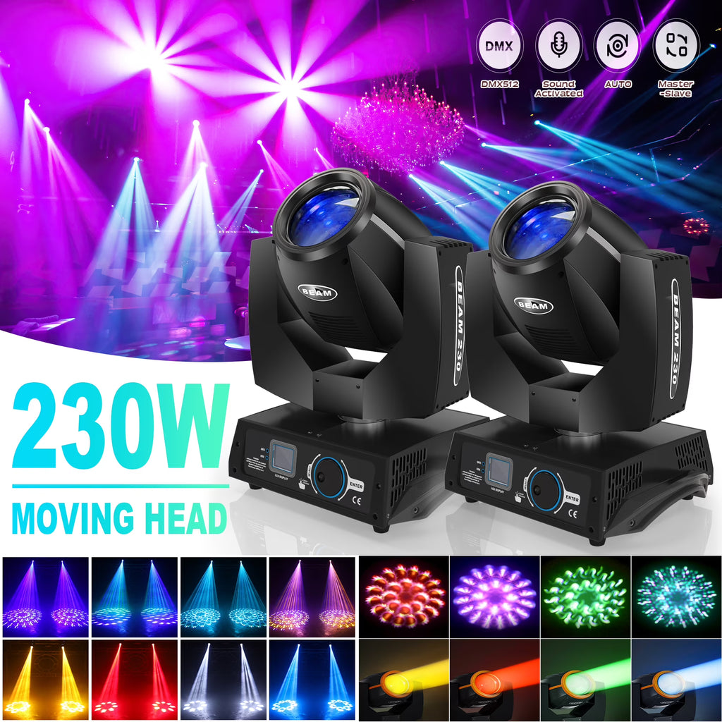 2 Pack 230W Beam Moving Head Light 8 Prisms 17 Gobos RGBW LED DJ Lighting 16CH DMX Control D183