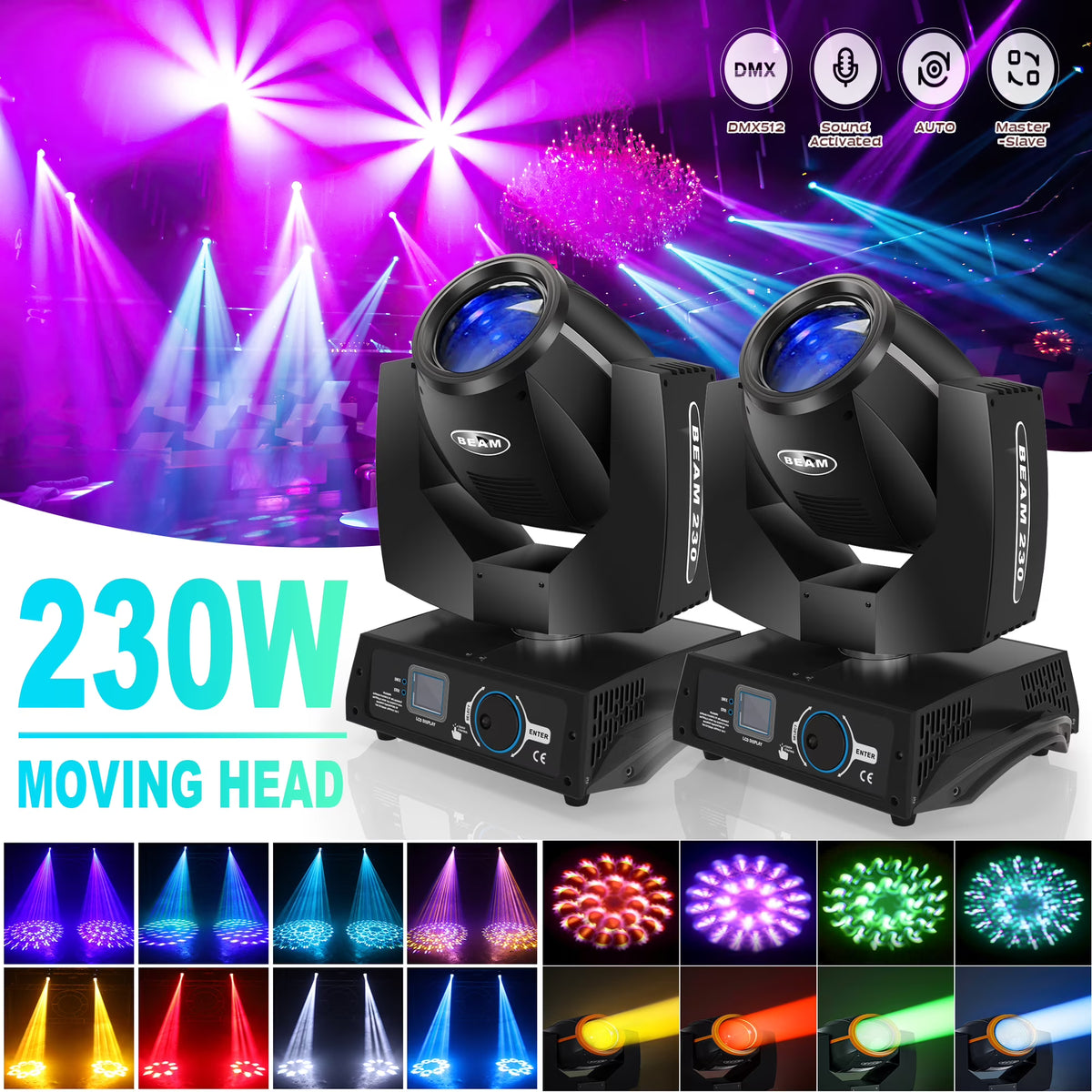 2 Pack 230W Beam Moving Head Light 8 Prisms 17 Gobos RGBW LED DJ Lighting 16CH DMX Control D183