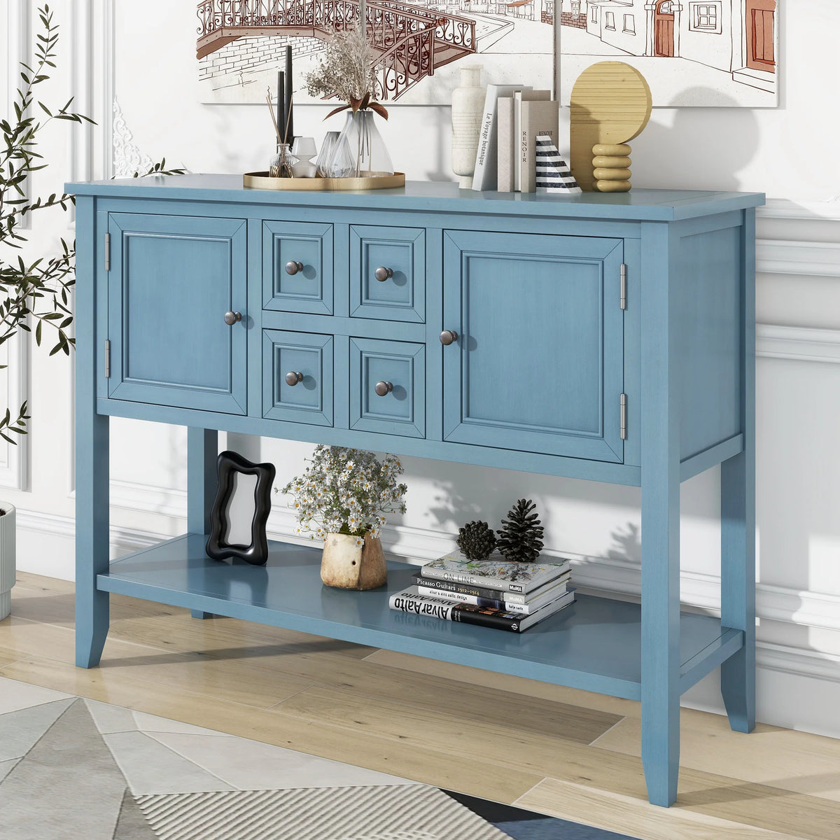 Vintage Console Table with 4 Drawers and Bottom Shelf S56419