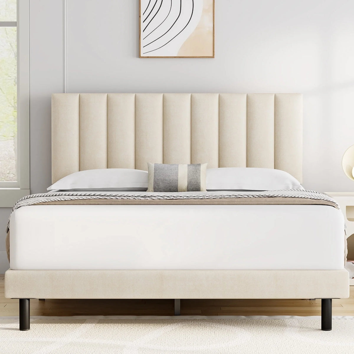 Full Platform Bed Frame with Upholstered Headboard, Beige P3595