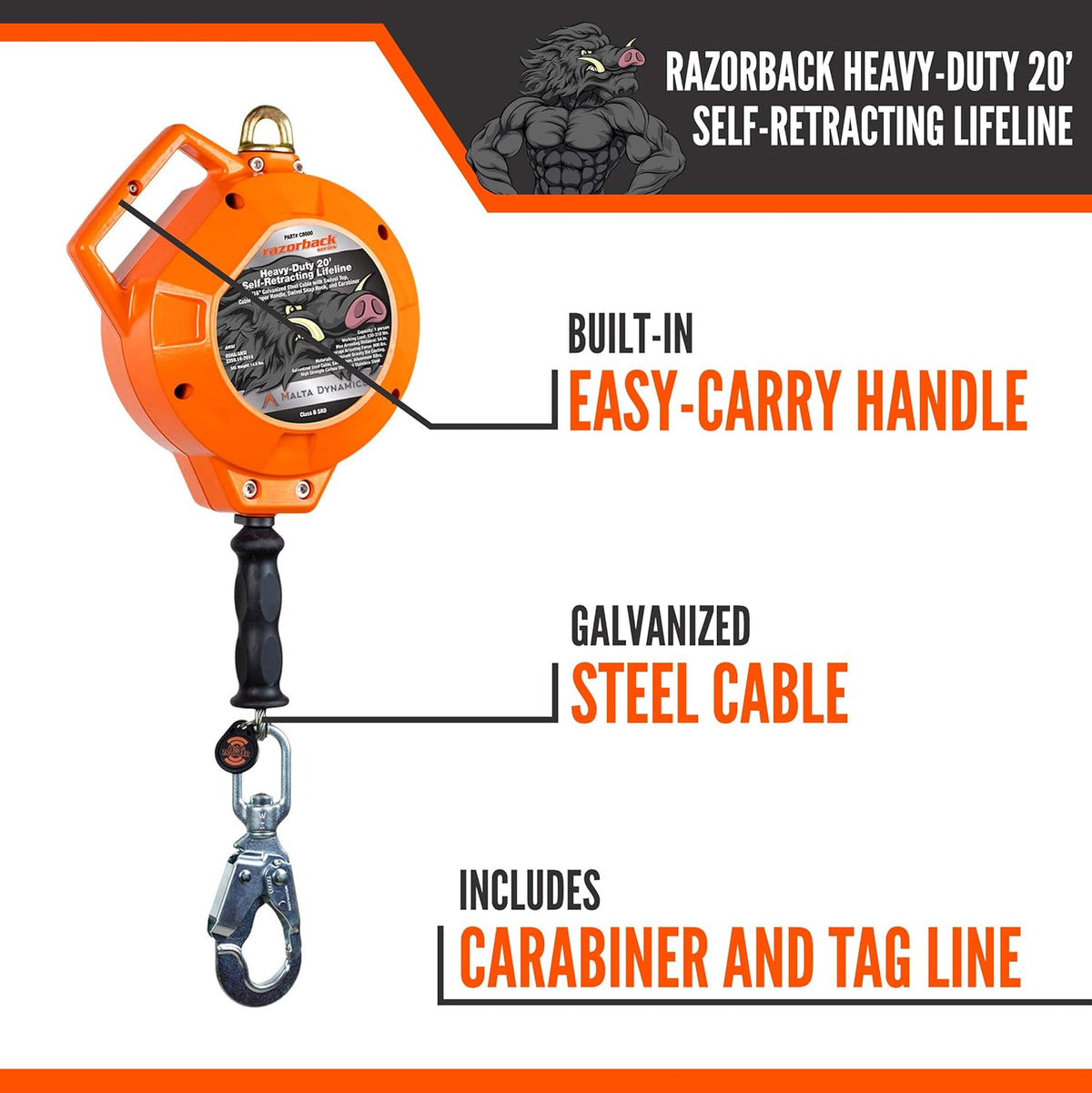 20' Heavy-Duty Self Retracting Lifeline Galvanized Cable D230861