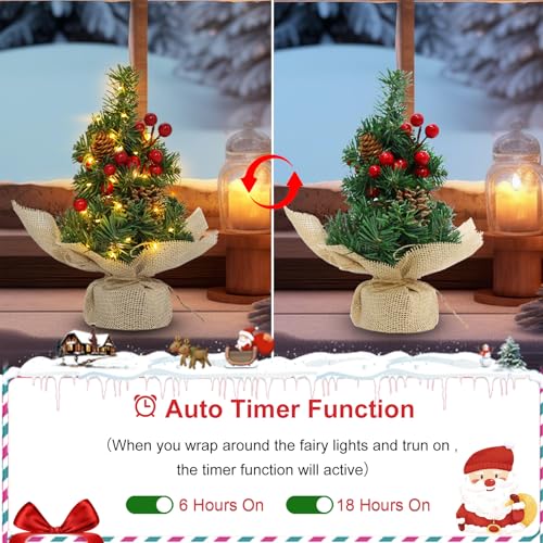 12 Inch Mini Tabletop Artificial Christmas Tree with Timer Lights Pinecones Red Berries R674
