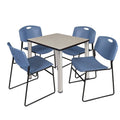 Maple Chrome Square Breakroom Table with 4 Blue Stack Chairs U6380