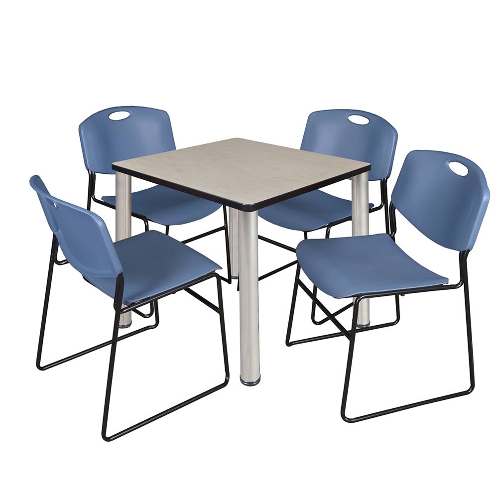 Maple Chrome Square Breakroom Table with 4 Blue Stack Chairs U6380