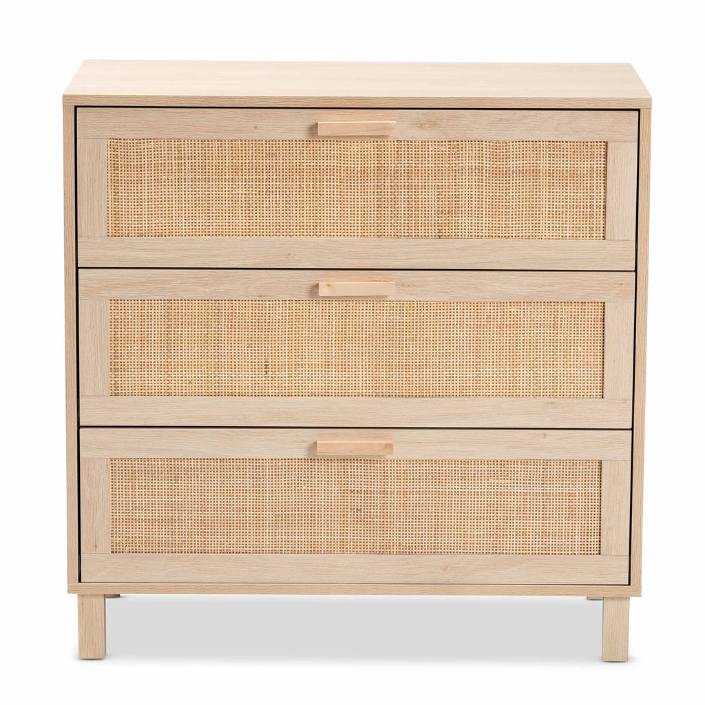 Light Brown Wood 3 Drawer Storage Cabinet with Rattan U125