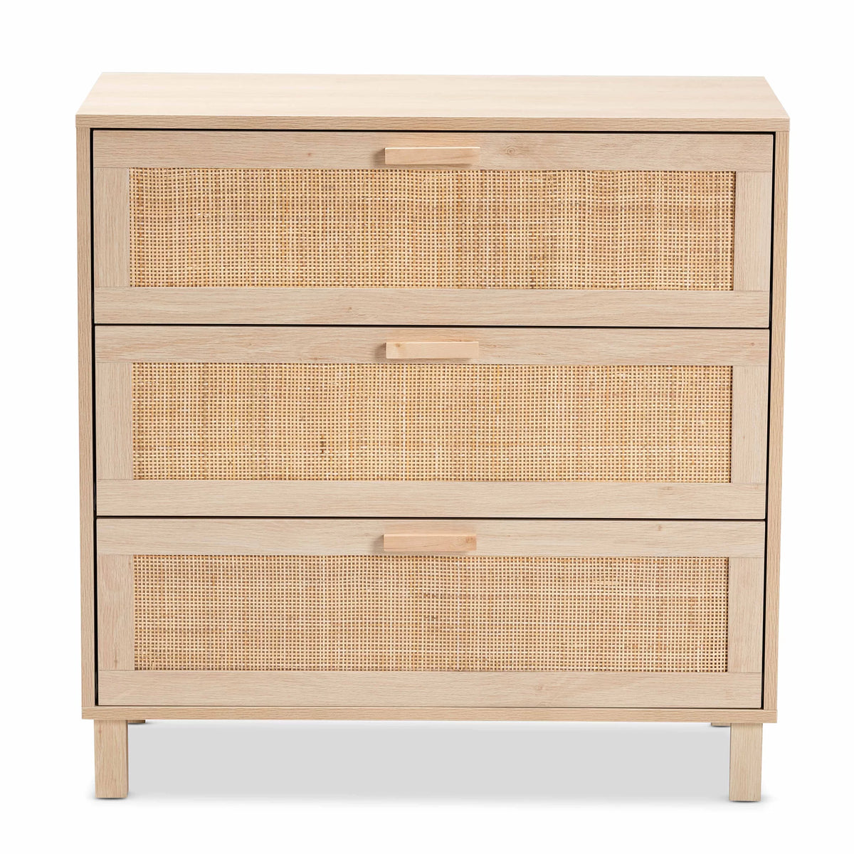 Light Brown Wood 3 Drawer Storage Cabinet with Rattan U125