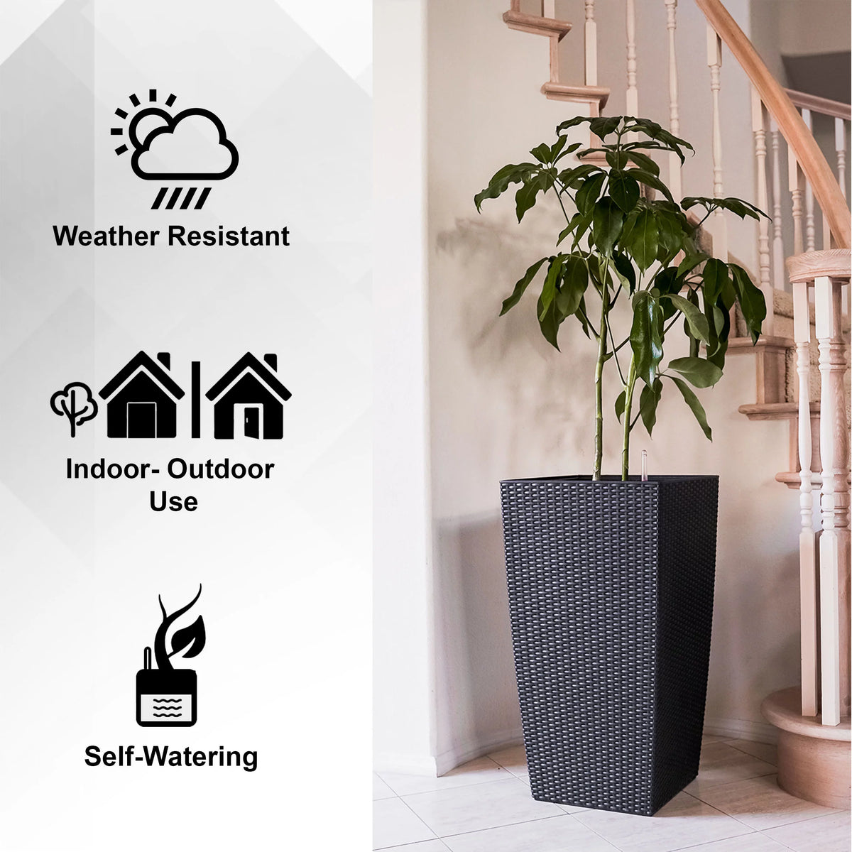 30" Black Rattan Self Watering Square Planter Pot S572898