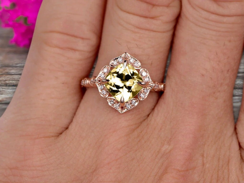7mm Cushion Cut Champagne Diamond Moissanite Engagement Ring 2.05 Carat 10k Rose Gold K9376