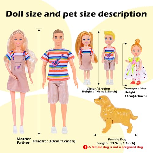 6 People Dollhouse Dolls Playset with Pets and Accessories H8301