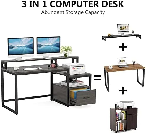 60 inch Grey Computer Desk with File Drawer and Shelves W288
