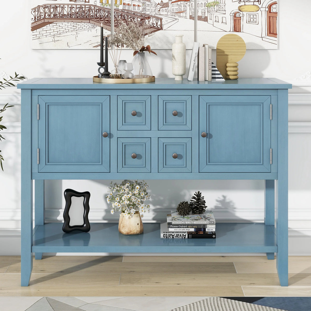 Vintage Console Table with 4 Drawers and Bottom Shelf S56419
